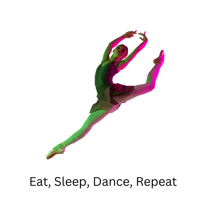 Dancer in a green and pink outfit with 'Eat, Sleep, Dance, Repeat' text on a white background
