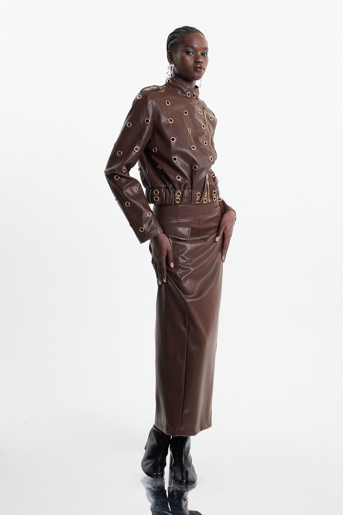 Elchin Eyelet Leather Skirt Set