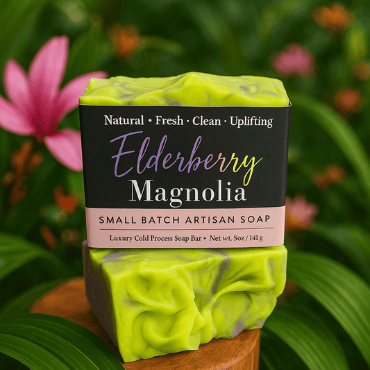 Elderberry Magnolia Soap Bar - Soap Boutique on display with vibrant colors and floral background.
