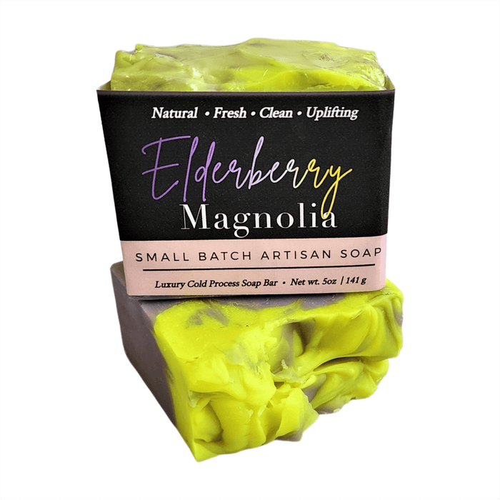 Elderberry Magnolia Soap Bar - Soap Boutique, vibrant artisan soap with yellow and violet swirls, 5 oz.