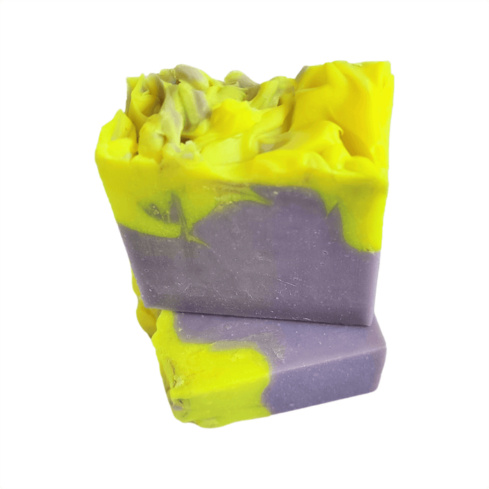 Elderberry Magnolia Soap Bar - Soap Boutique featuring vibrant yellow and violet swirls, handcrafted luxury soap.