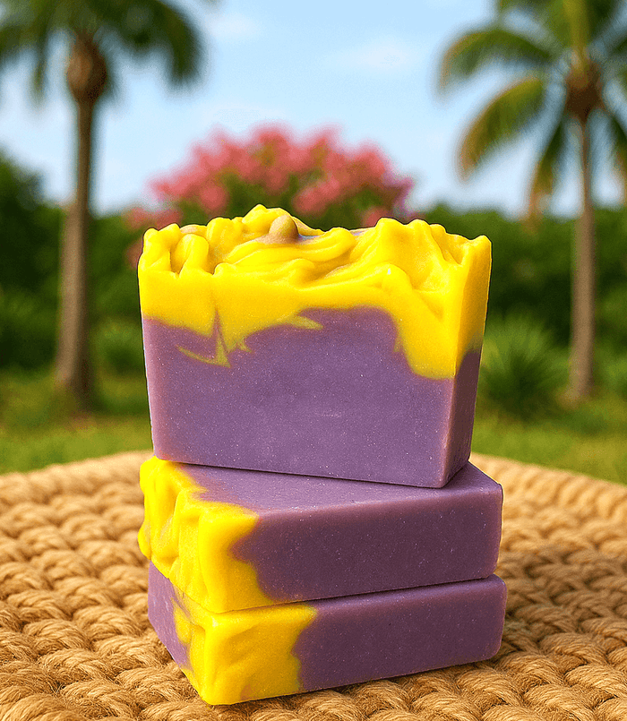 Elderberry Magnolia Soap Bar - Soap Boutique, handcrafted soap with golden yellow and violet swirls.