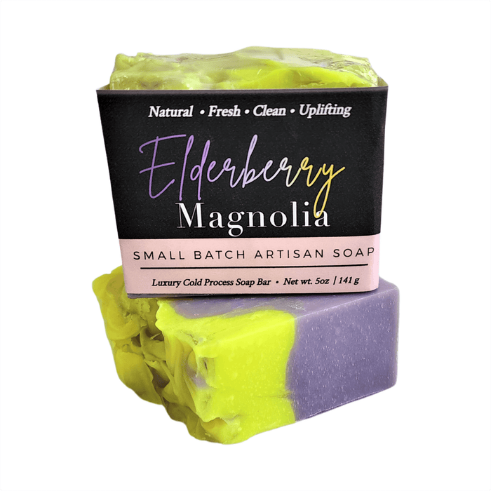 Elderberry Magnolia Soap Bar - Soap Boutique, 5 oz handcrafted soap with floral-fruit aroma, vibrant yellow and violet swirls.