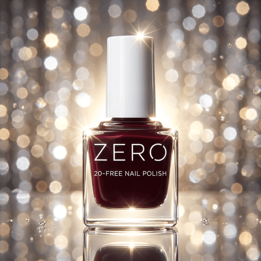 Nail polish bottle labeled 'ZERO 20-Free Nail Polish' with a sparkling background