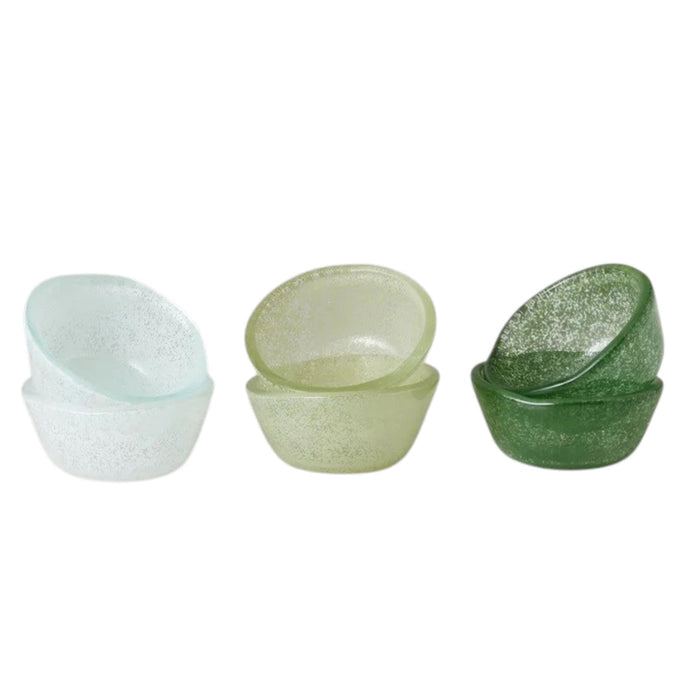 The ETUHOME Glass Pinch Pots Set of 6 features small, textured green glass bowls—handcrafted in Turkey—in translucent white, light green, and dark green shades, displayed side by side on a white background.