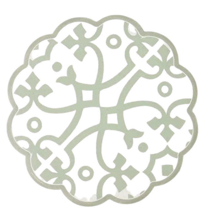 The ETUHOME Round Scalloped Placemat in Sage features an intricate, symmetrical lattice pattern with swirls and dots on a white background, combining Italian-inspired geometric elegance with refined style for your table.