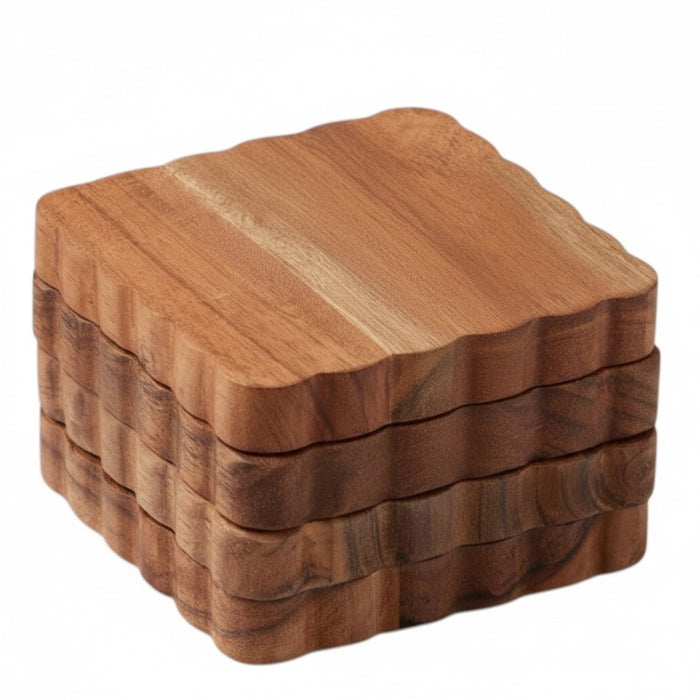The ETUHOME Scalloped Wood Coasters, Set of 4, features square coasters with wavy scalloped edges, neatly stacked atop each other against a white background.