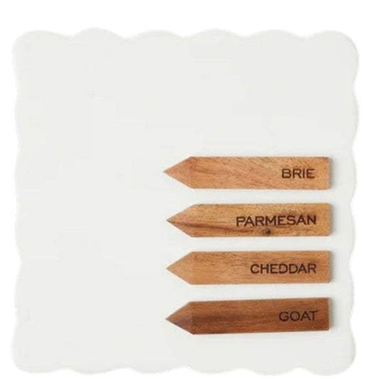 The ETUHOME White Square Scalloped Cheese Board with Markers features a chic plate and four wooden cheese markers—BRIE, PARMESAN, CHEDDAR, and GOAT—ideal for stylishly serving your favorite cheeses.