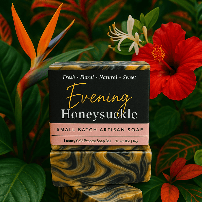 Evening Honeysuckle Bar Soap - Soap Boutique displayed among tropical flowers showcasing its vibrant design.