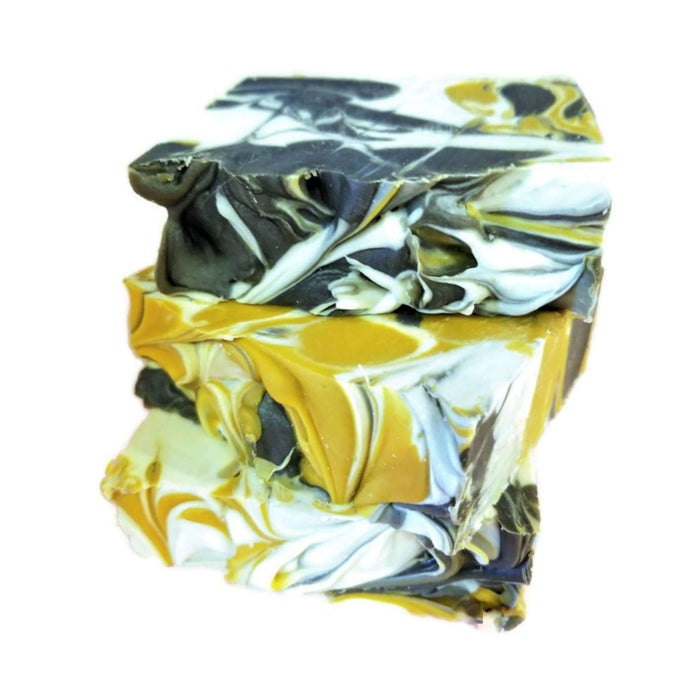 Evening Honeysuckle Bar Soap - Soap Boutique with unique golden yellow, white, and charcoal swirls.