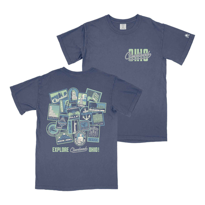 Explore Cleveland Landmarks t-shirt featuring iconic Cleveland attractions, neighborhoods, and local landmarks on a garment-dyed unisex tee