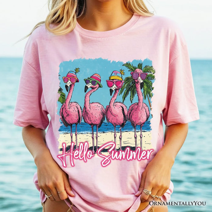 Flamingo Hello Summer T-Shirt, Tropical Beach Vacation Tee T-Shirts OrnamentallyYou