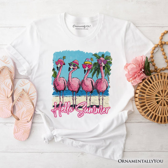 Flamingo Hello Summer T-Shirt, Tropical Beach Vacation Tee T-Shirts OrnamentallyYou White XS