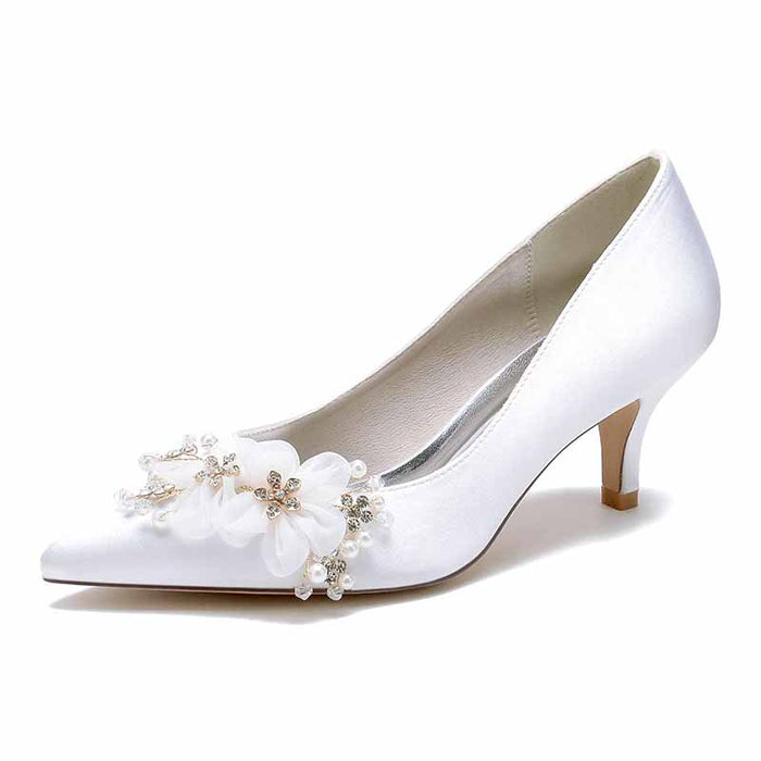 Elegant S&DCo. flower embellished wedding shoes for bride in white satin with pointed toe