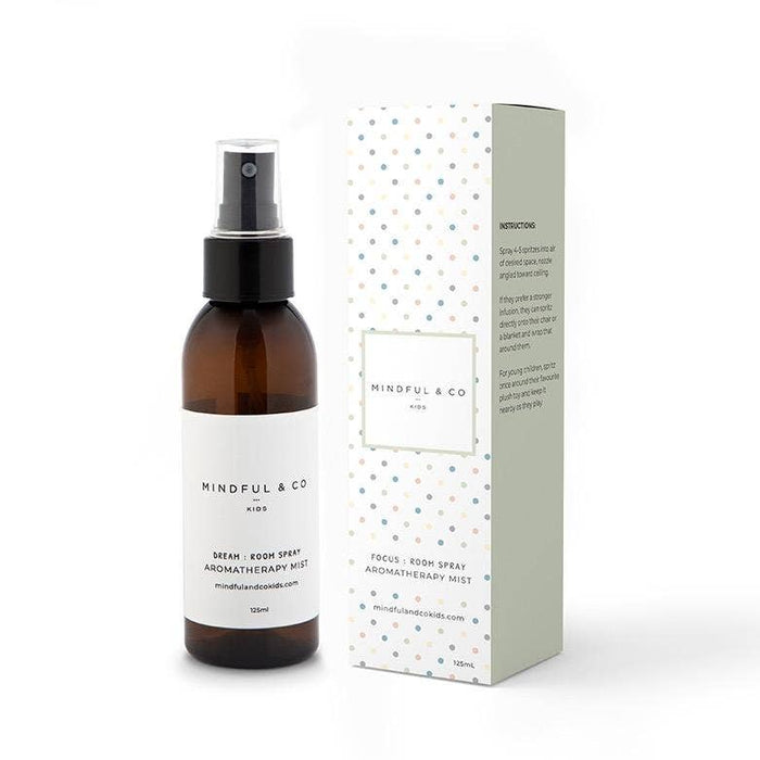 Aromatherapy mist bottle and packaging with 'Mindful & Co' branding on a white background.