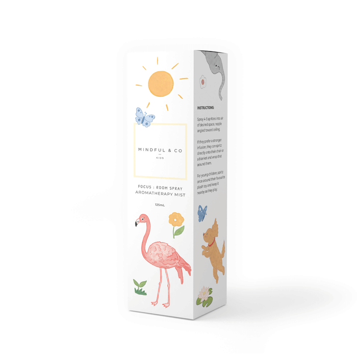 Product packaging with illustrations of a flamingo, sun, and animals on a white background