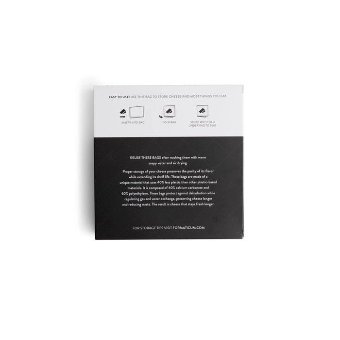 A box of FORMATICUM - REUSABLE CHEESE STORAGE BAGS by FORMATICUM features a white and black design, “Reduce cheese waste” and “Keeps cheese fresher, longer” text, and contains 10 reusable bags.