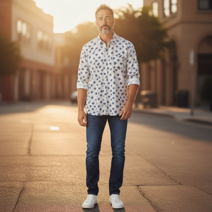 A man with short gray hair and a beard wears the FRANK & EILEEN Finbar Men's Button Up Shirt in Blue and White Small Flowers Big Flowers. He pairs it with dark jeans, standing against a plain white background for an everyday look.