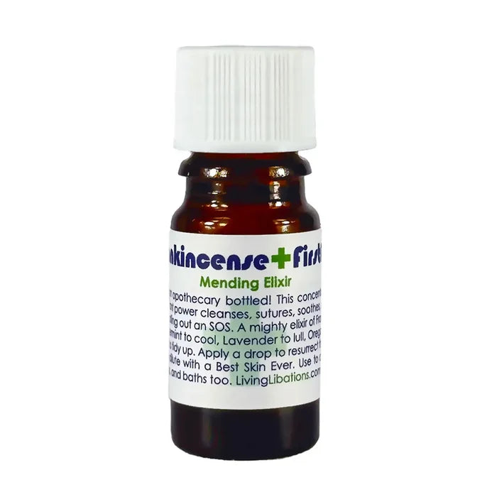 Bottle of 'Mending Elixir' with a white label on a white background