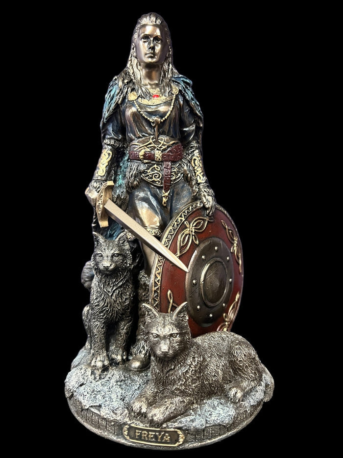 Freya, Norse Shield Maiden, with Cats, Shield, and Sword Statue by Veronese Design - Raven's Cauldron