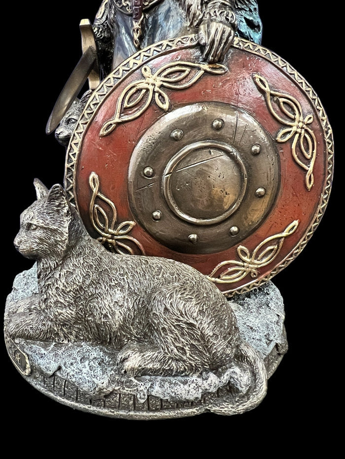 Freya, Norse Shield Maiden, with Cats, Shield, and Sword Statue by Veronese Design - Raven's Cauldron