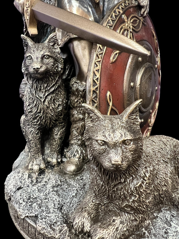 Freya, Norse Shield Maiden, with Cats, Shield, and Sword Statue by Veronese Design - Raven's Cauldron