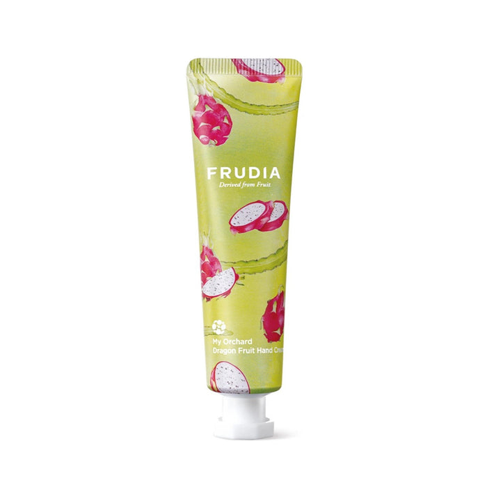 FRUDIA My Orchard Dragon Fruit Hand Cream is a deeply nourishing and moisturizing formula designed to leave your hands feeling soft and smooth. Enriched with Dragon Fruit Extract and Shea Butter, it delivers lasting hydration while Squalane and natural oils like Grape Seed, Apricot Kernel, and Mango Seed Oil help to repair and protect the skin. Infused with Centella Asiatica and Honey Extract, this hand cream soothes and rejuvenates dry, tired hands, making it perfect for daily use. Its lightwei