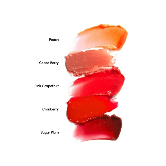 Stack of swatched lipsticks labeled 'Peach', 'Cocoa Berry', 'Pink Grapefruit', 'Cranberry', and 'Sugar Plum' on a white background.