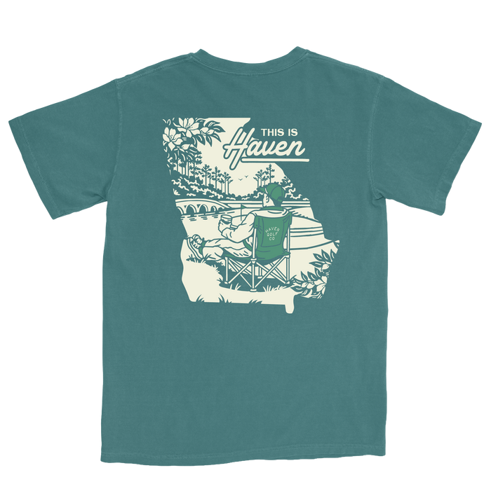 Teal t-shirt with 'This is Haven' graphic on a white background