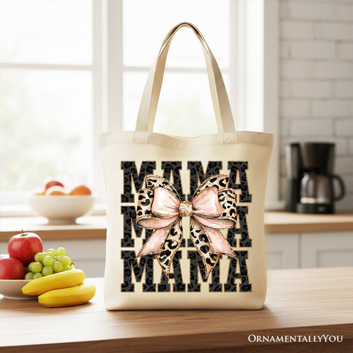 Glitter Leopard Mama Tote Bag, Coquette Bow Gift Shopper for Glam and Trendy Mothers Tote Bag OrnamentallyYou Beige