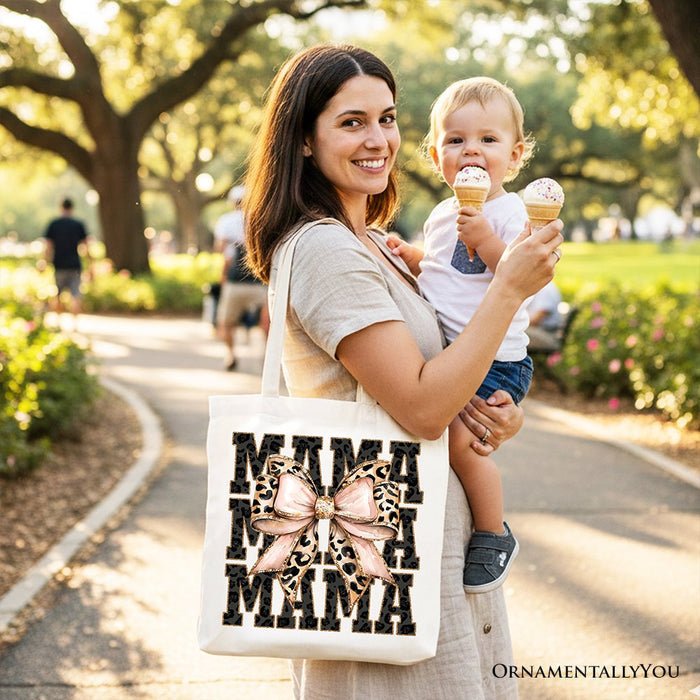 Glitter Leopard Mama Tote Bag, Coquette Bow Gift Shopper for Glam and Trendy Mothers Tote Bag OrnamentallyYou