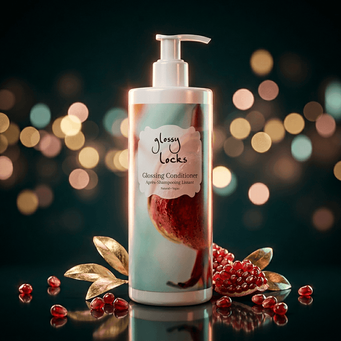 Glossy Locks conditioner bottle with pomegranate fruits and leaves on a dark background with bokeh lights.