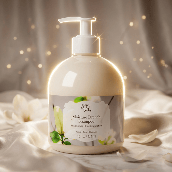 Moisture Drench Shampoo bottle with floral design on a soft background