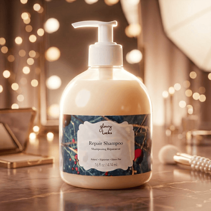 Repair Shampoo bottle with decorative label on a blurred bathroom background