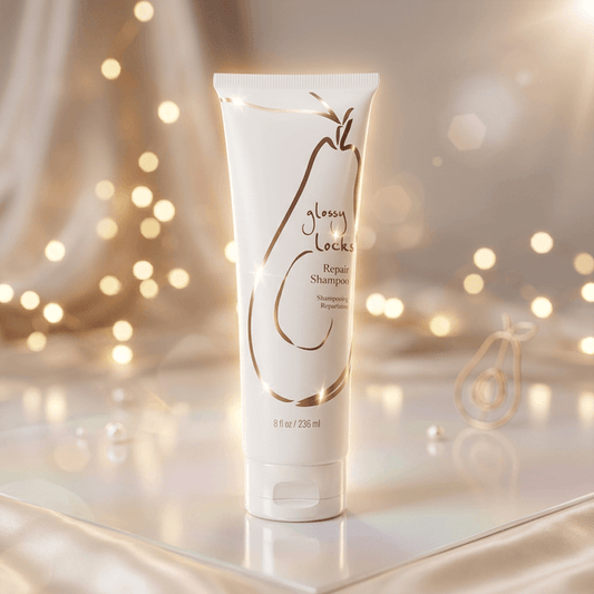 Shampoo tube labeled 'Glossy Locks' on a reflective surface with blurred lights in the background
