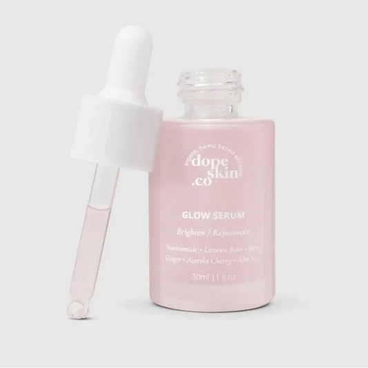 Glow Serum bottle with dropper, designed to brighten and rejuvenate skin, featuring a pink hue and natural ingredients.