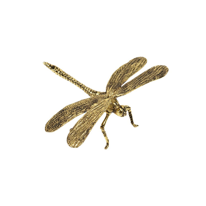 The ZODAX GOLD DRAGONFLY is a gold-hued figurine with detailed, textured wings and body, posed as if flying against a white backdrop. Its size resembles that of a standard wallet.