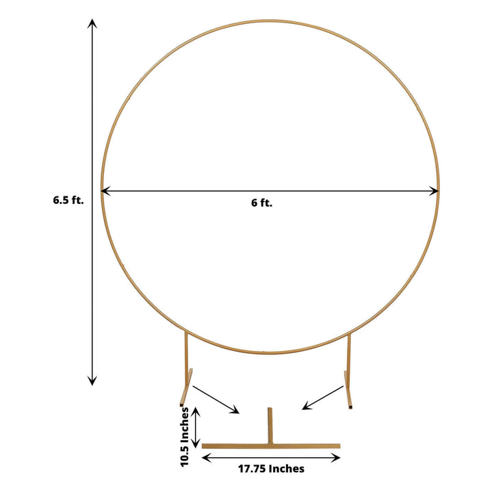 Gold circular backdrop stand measuring 6 ft wide and 6.5 ft tall.