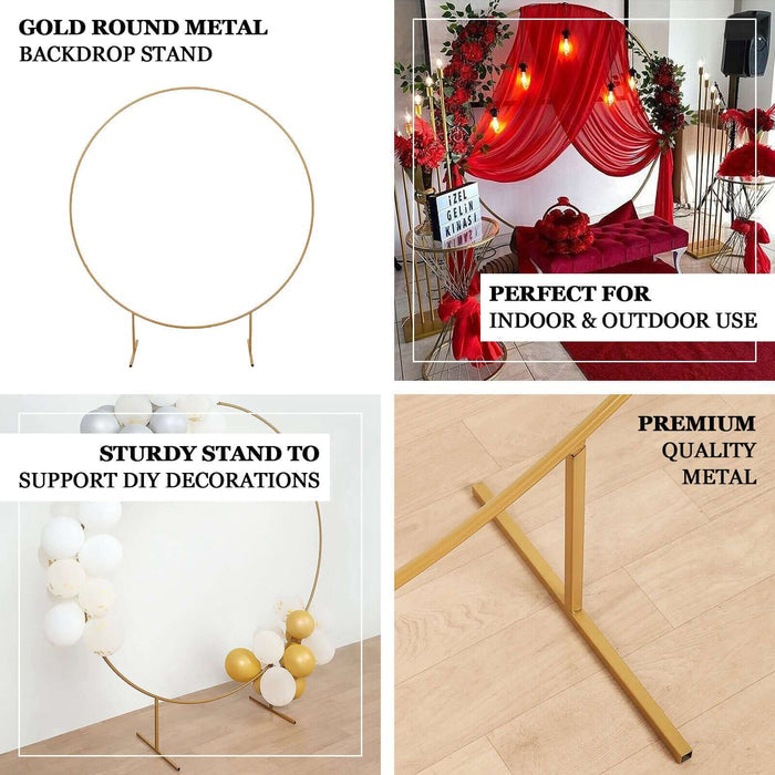 Gold round metal backdrop stand for DIY decorations, ideal for indoor and outdoor use.
