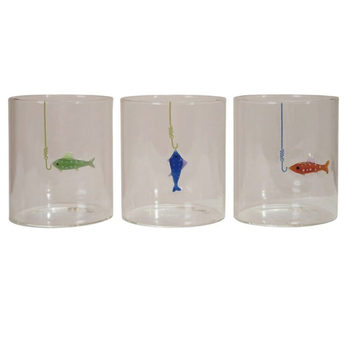 Set of three CREATIVE COOP HAND-BLOWN DRINKING GLASS WITH FISH ON HOOK, each with a unique green, blue, or red fish design—perfect for adding a playful accent to any coastal décor.