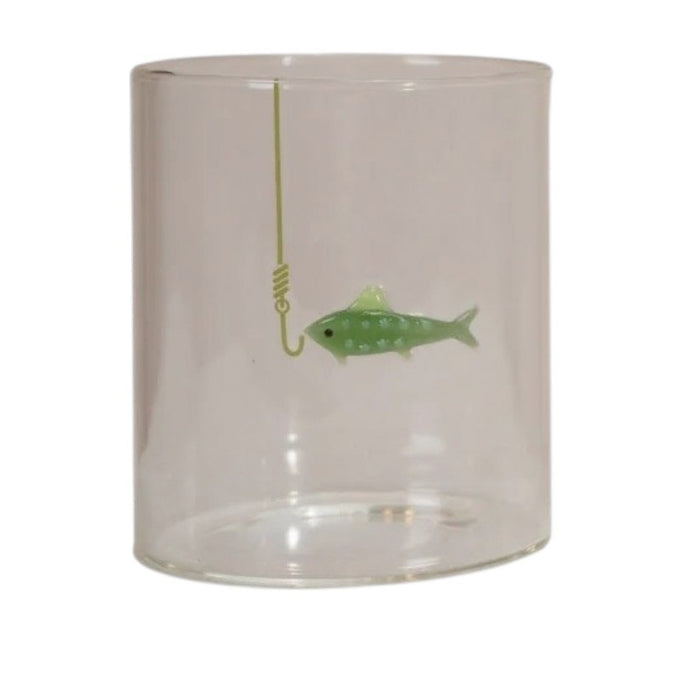Set of three CREATIVE COOP HAND-BLOWN DRINKING GLASS WITH FISH ON HOOK, each with a unique green, blue, or red fish design—perfect for adding a playful accent to any coastal décor.