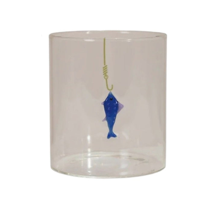 Set of three CREATIVE COOP HAND-BLOWN DRINKING GLASS WITH FISH ON HOOK, each with a unique green, blue, or red fish design—perfect for adding a playful accent to any coastal décor.