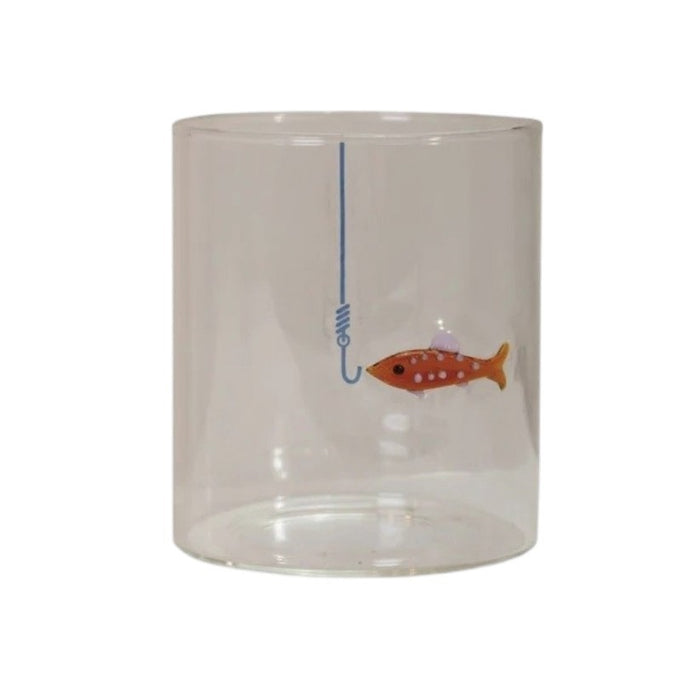 Set of three CREATIVE COOP HAND-BLOWN DRINKING GLASS WITH FISH ON HOOK, each with a unique green, blue, or red fish design—perfect for adding a playful accent to any coastal décor.