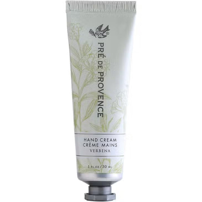 A 1 oz tube of EUROPEAN SOAPS, LLC HAND CREAM VERBENA features a pale green botanical design and silver screw cap. The moisturizer with organic shea butter displays product details in English and French.