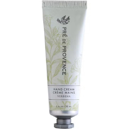 A 1 oz tube of EUROPEAN SOAPS, LLC HAND CREAM VERBENA features a pale green botanical design and silver screw cap. The moisturizer with organic shea butter displays product details in English and French.