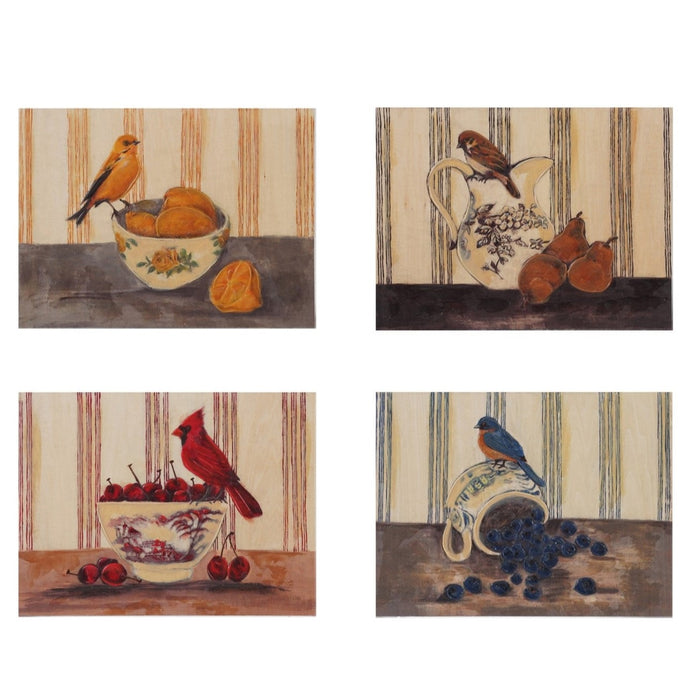 The HAND-PAINTED WALL ART ON WOOD - BIRD ON DISH WITH FRUIT by CREATIVE COOP features a small brown bird on a floral dish beside three pears, with striped background—perfect rustic decor for your home.