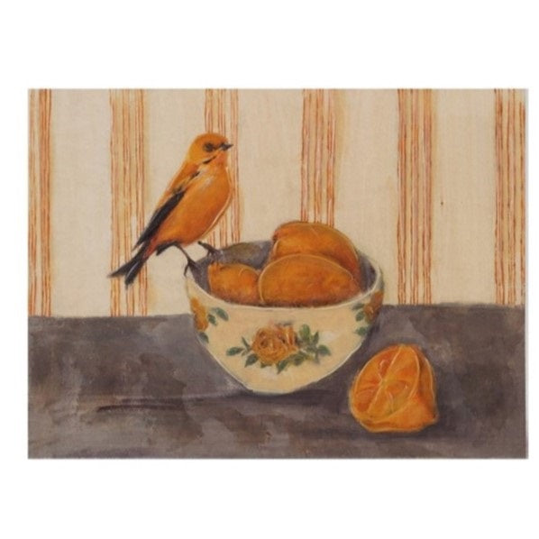 The CREATIVE COOP HAND-PAINTED WALL ART ON WOOD - BIRD ON DISH WITH FRUIT features charming rustic designs of birds with fruit on striped backgrounds, perfect for adding character to your home decor.
