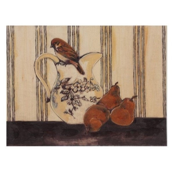 The CREATIVE COOP HAND-PAINTED WALL ART ON WOOD - BIRD ON DISH WITH FRUIT features charming rustic designs of birds with fruit on striped backgrounds, perfect for adding character to your home decor.