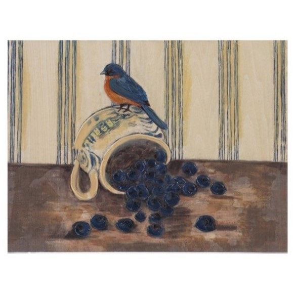 The CREATIVE COOP HAND-PAINTED WALL ART ON WOOD - BIRD ON DISH WITH FRUIT features charming rustic designs of birds with fruit on striped backgrounds, perfect for adding character to your home decor.