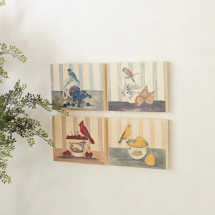 The HAND-PAINTED WALL ART ON WOOD - BIRD ON DISH WITH FRUIT by CREATIVE COOP features a small brown bird on a floral dish beside three pears, with striped background—perfect rustic decor for your home.